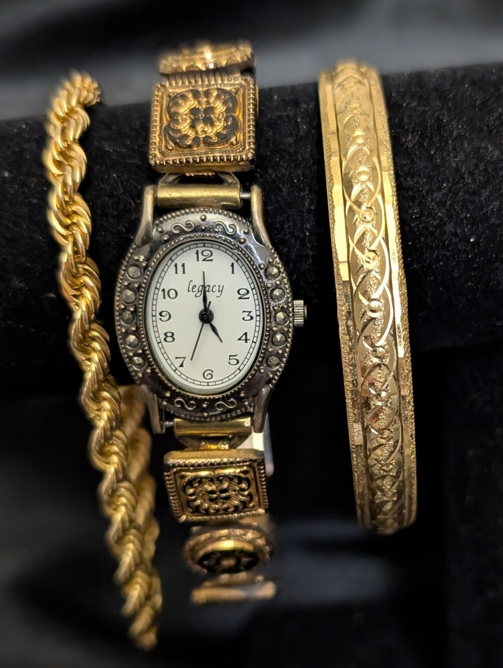 #49. Vintage Legacy Marcasite Watch With German Glass Buttons Band &2 Bracelets
